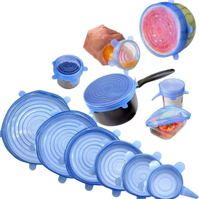 Set of 6 Reusable Safety Silicone Stretch Lids Dishwasher Microwave and Freezer Safe Lids Flexible Covers for Rectangle/ Round/ Square